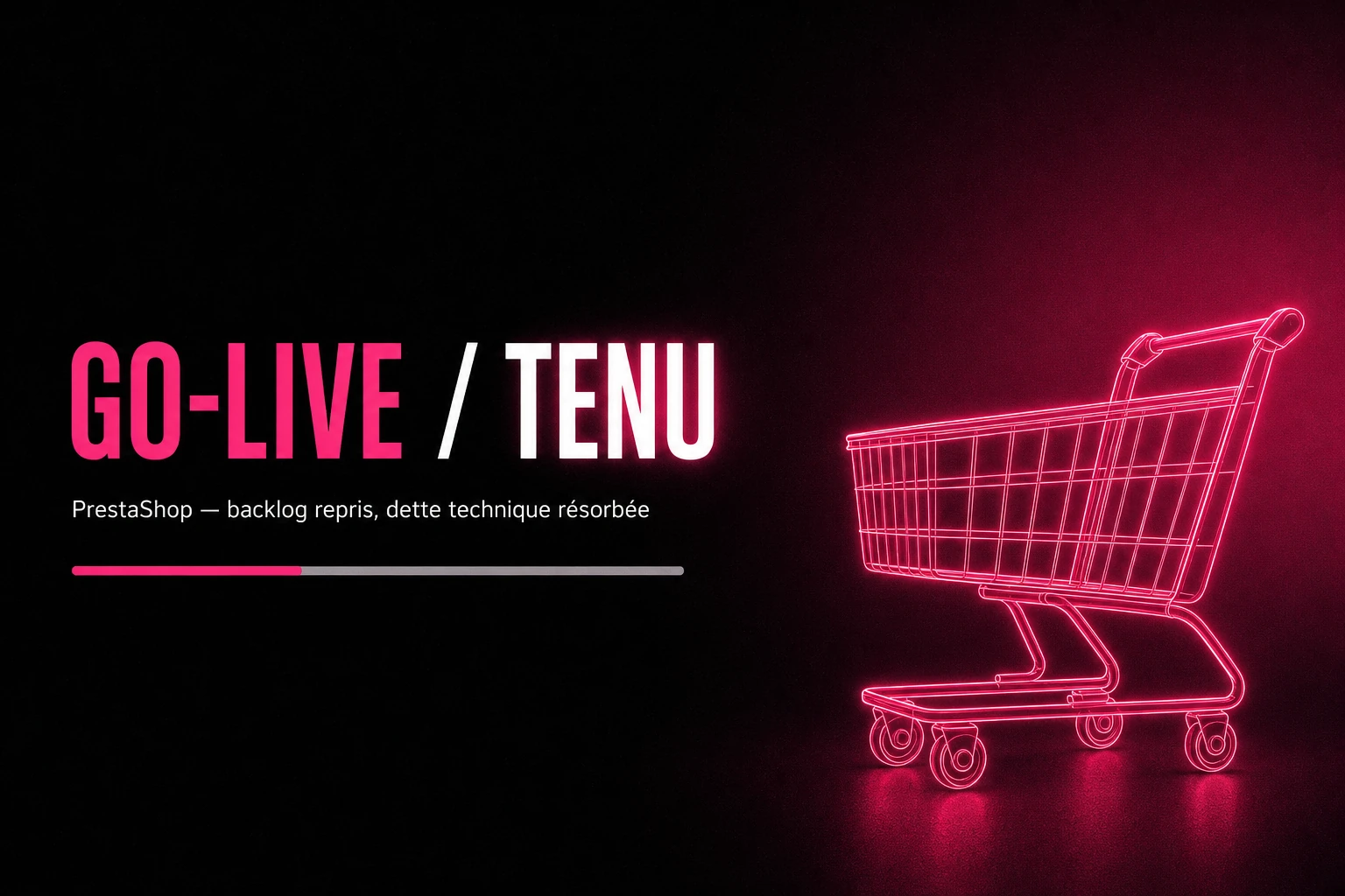 Visuel éditorial PrestaShop — backlog repris, dette technique résorbée, go-live tenu.